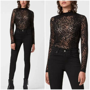 All Saints, New, Bela Black Lace Leopard Long Sleeve Bodysuit, Size 8 Medium